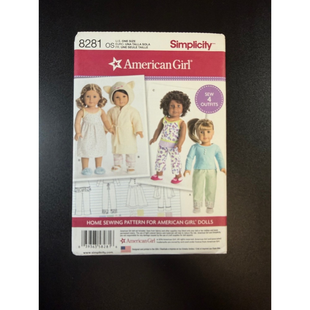 Simplicity 8281 American Girl Doll Clothes Sewing Pattern 4 Outfits One Size K7